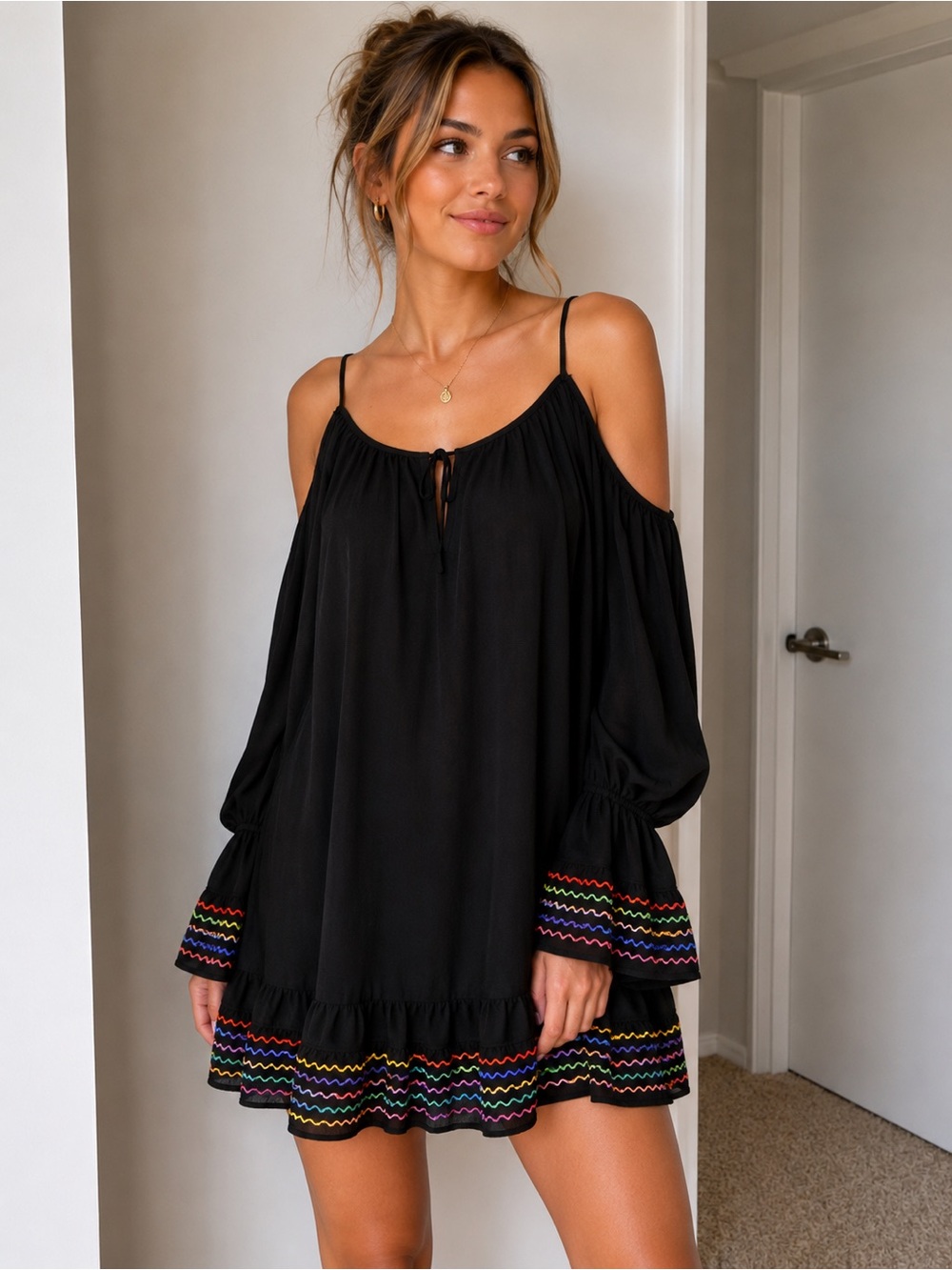 Vava by Joy Han Black Cold-Shoulder Mini Dress with Multicolor Trim